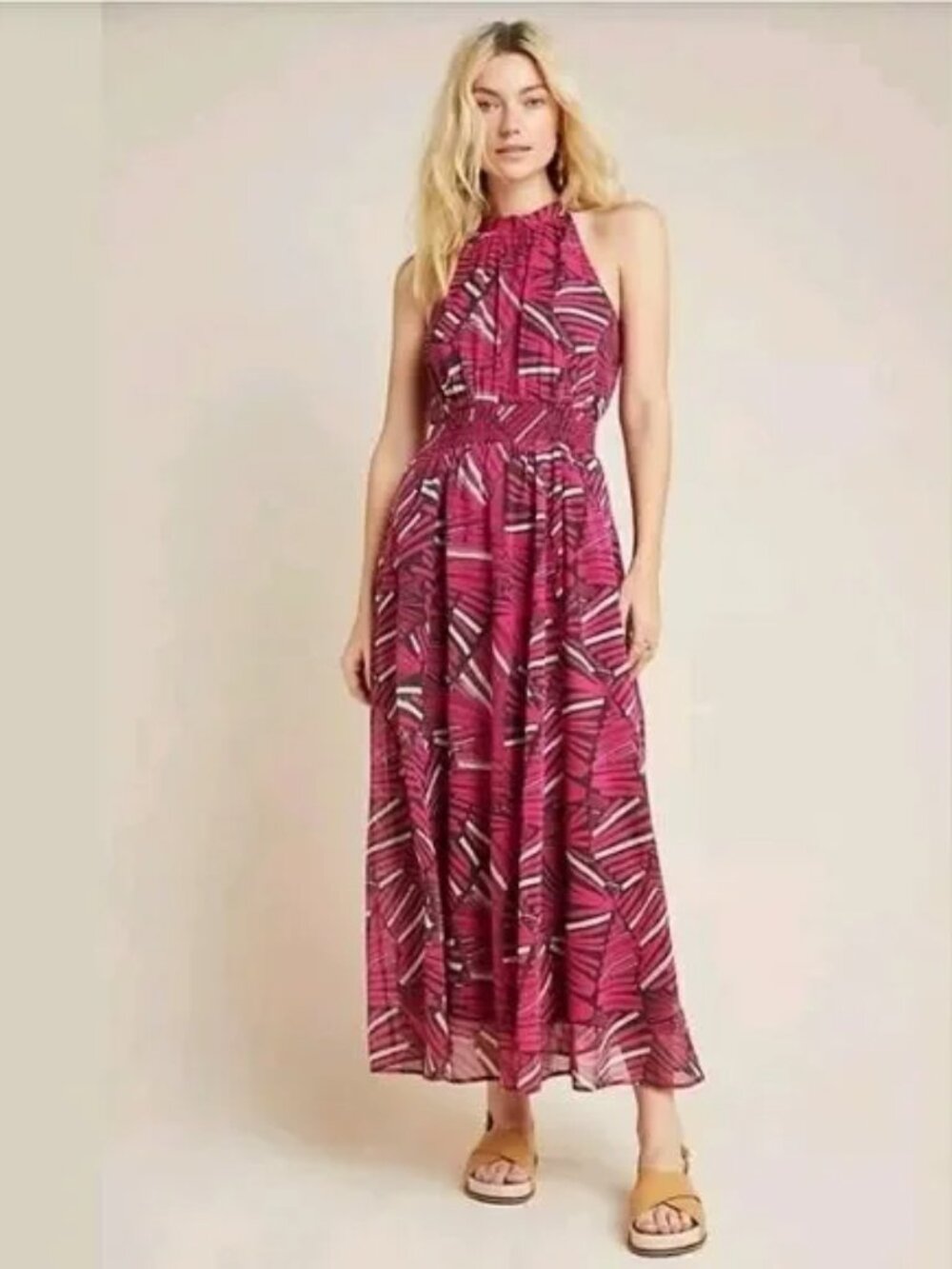 Anthropologie Maeve Kelli Halter Maxi Dress with pockets pink abstract print XS